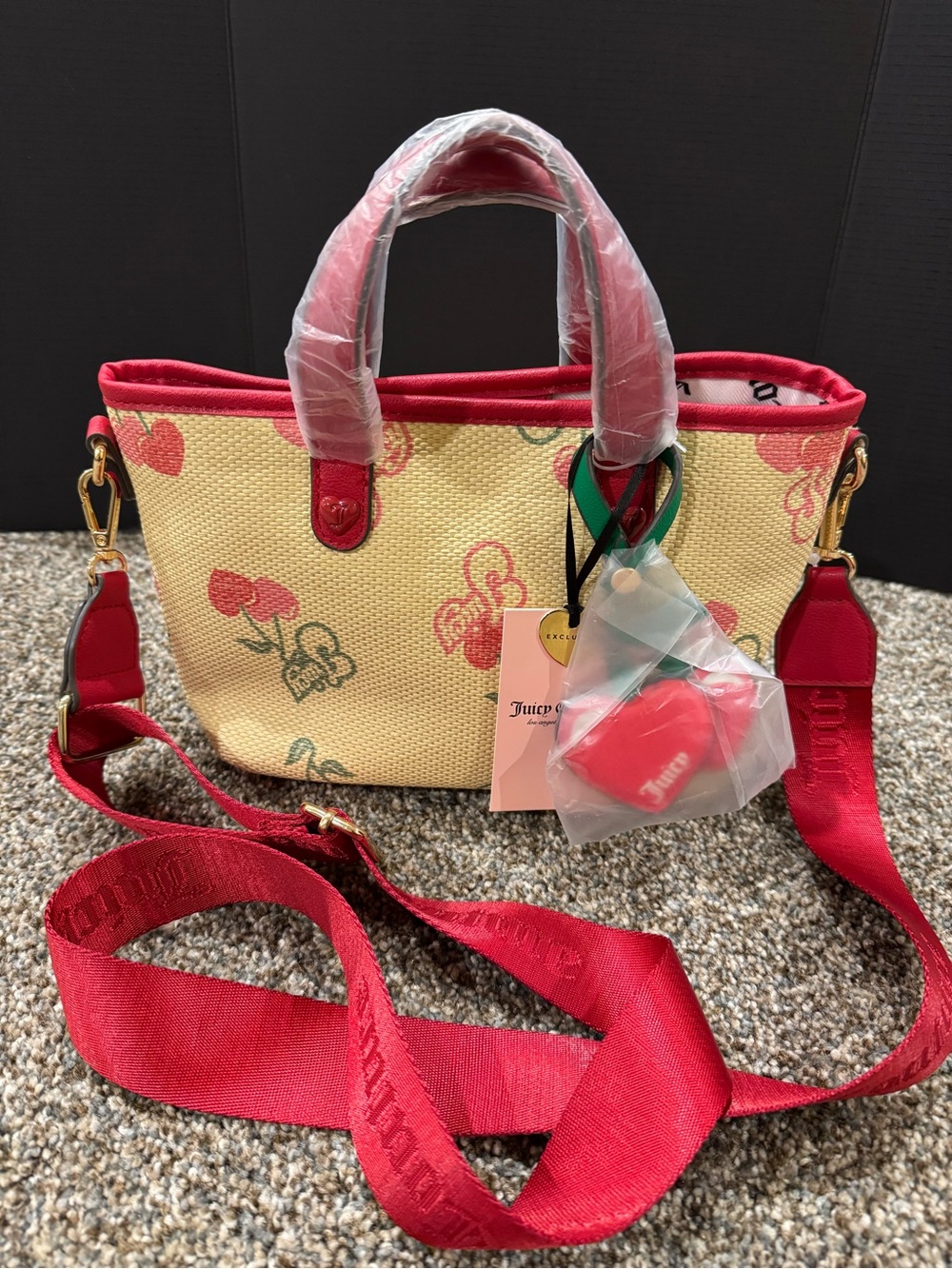 Juicy Couture: juicy paradises: beige Woven Mini Tote with Red Trim w/ Cherry 🍒